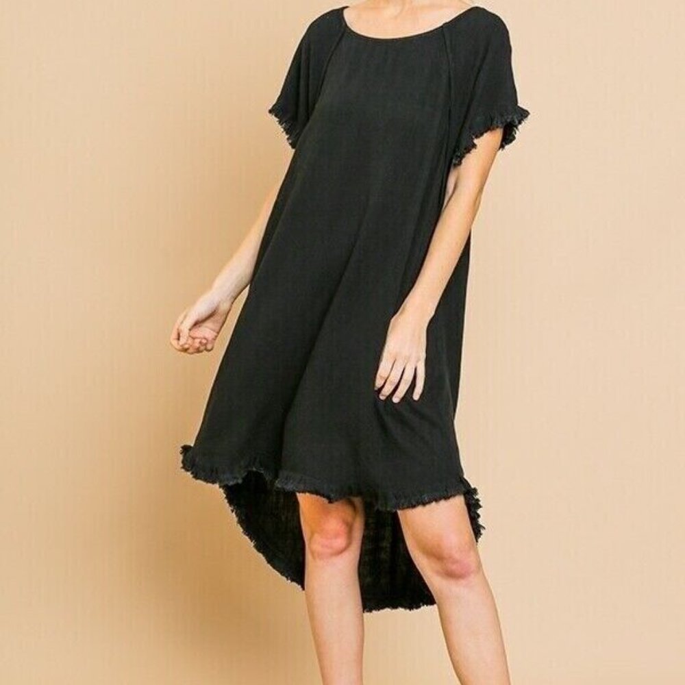 Umgee Black Dress High Low Fringe Hem Swing Short Sleeve Small